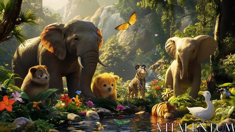 Jungle neighbors hold a glowing morning council by the creek