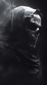 Hooded skeletal figure in torn cloak against dark background.