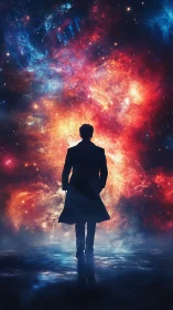 Solitary figure walks into radiant cosmic nebula gateway.