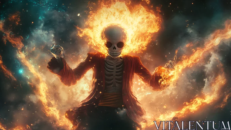 Flaming skeletal figure stands in cosmic firestorm environment