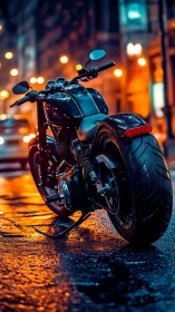 Low-angle view of custom cruiser motorcycle on wet neon street