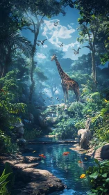 Giraffe and elephant at lush jungle river under bright sky.