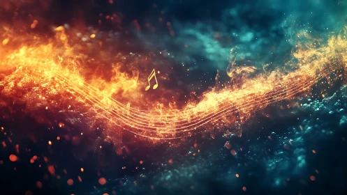 Fiery music staff arcs through teal cosmic haze.