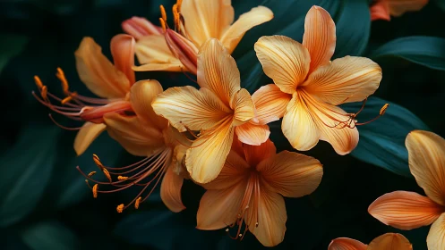 Golden Amaryllis Blooms Against Deep Teal Foliage