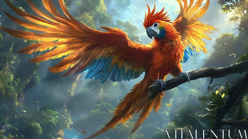 Vibrant Scarlet Macaw Spreads Wings in Lush Digital Rainforest Art.