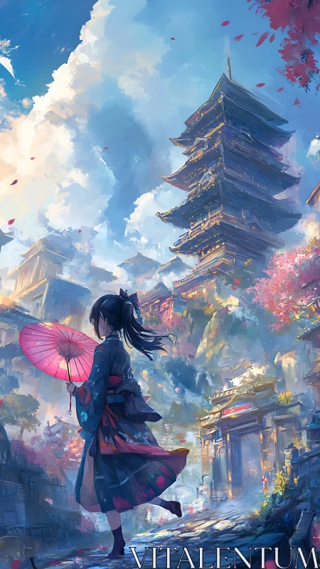 Dynamic low-angle view of kimono girl before towering pagoda