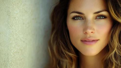 Sunlit gaze beside stone wall in soft photoreal quiet.