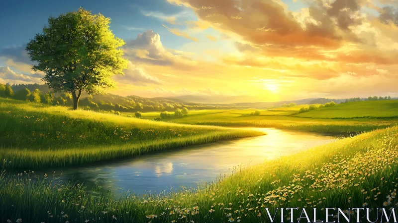 Sunlit river curls through wildflower meadows toward evening