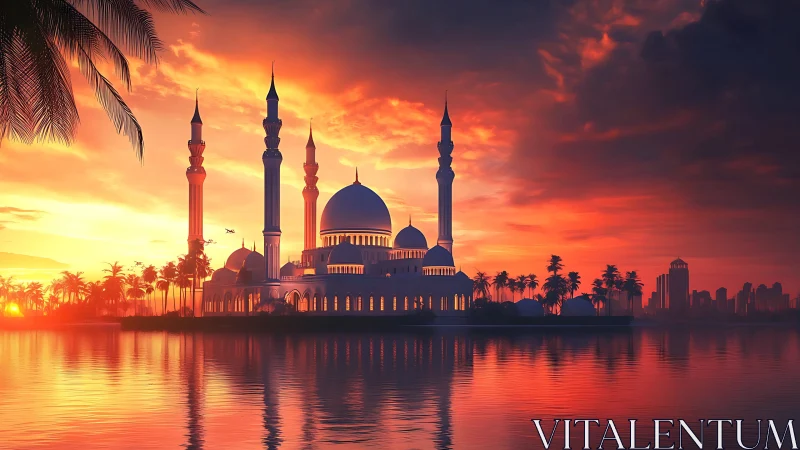Mosque silhouette at sunset over calm reflective water.