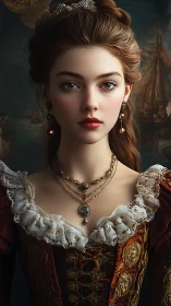 Regal young noblewoman gazes calmly in ornate vintage dress