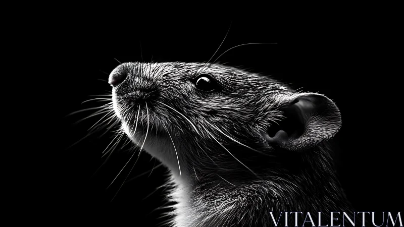 Monochrome rat portrait in dramatic side lighting on black.