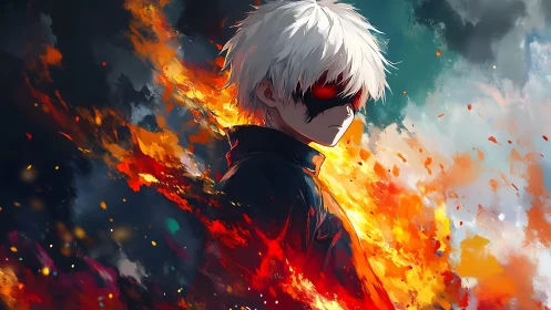 Storm-eyed fire wielder standing in swirling night flames.