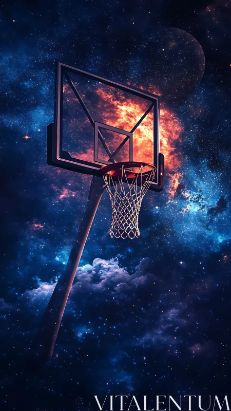 Cosmic basketball hoop suspended in deep nebula sky.