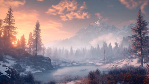 Winter sunrise over misty alpine river valley landscape.
