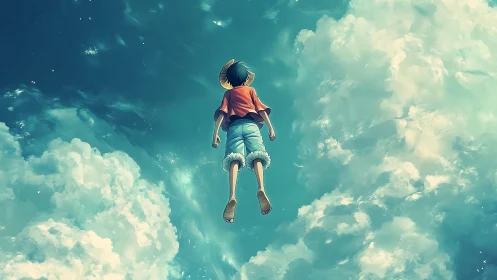 Skyward daydream with a carefree wanderer in the clouds.