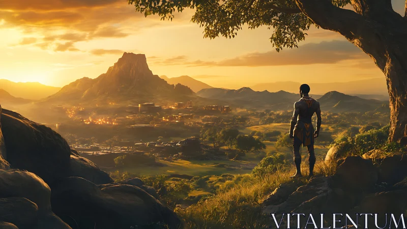 Golden horizon watched by a lone traveler at sunrise.