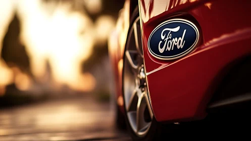 Ford badge glows on red car rear panel at sunset