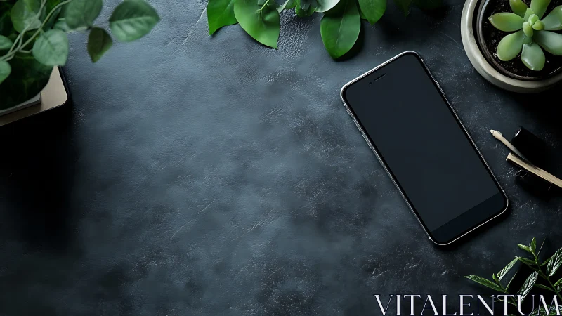 Smartphone rests on dark desk beside lush green plants.