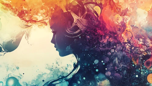 Silhouette profile dissolves into molten cosmic color storm