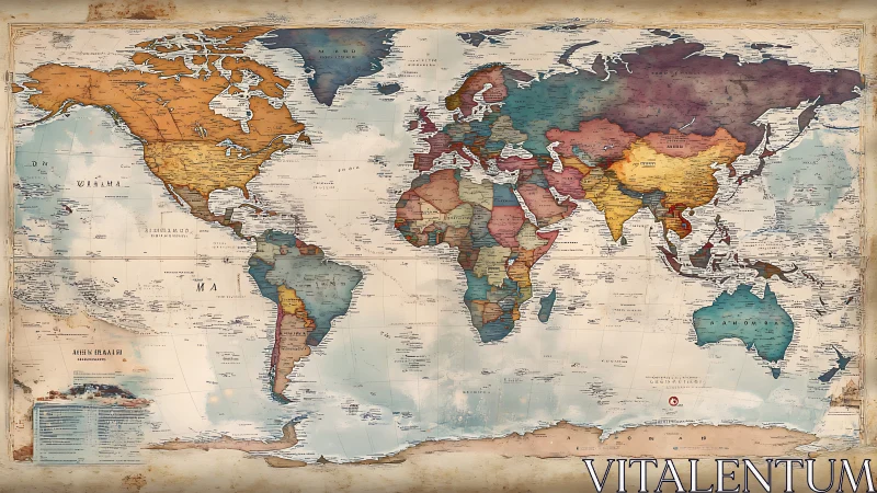 Vintage-style political world map with aged parchment patina.