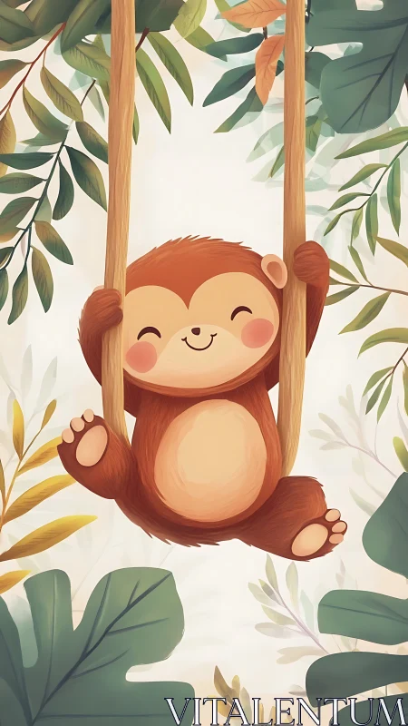 Playful baby sloth swinging through stylized tropical foliage.