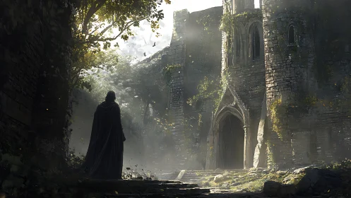 Shrouded wanderer enters sunlit ruins of forgotten citadel.
