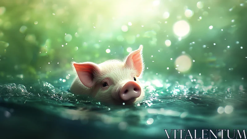 Piglet swims through teal water under glowing bokeh light.
