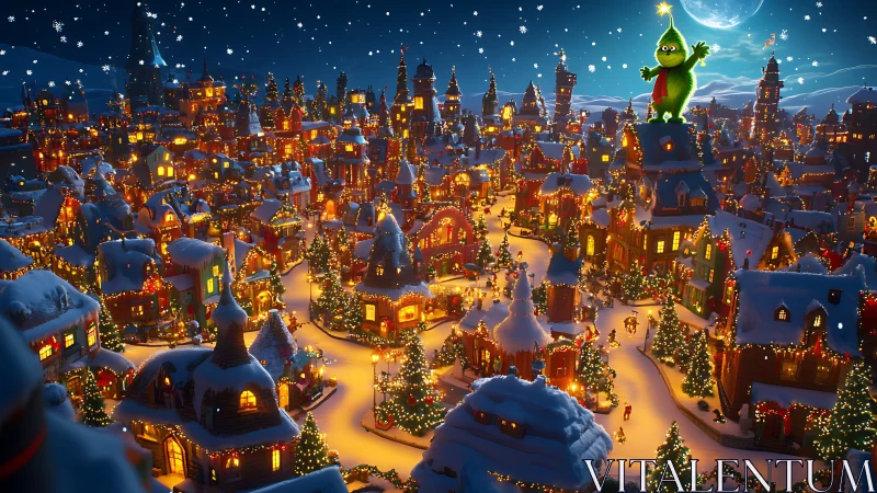 Digital painting of whimsical winter town with green figure above.