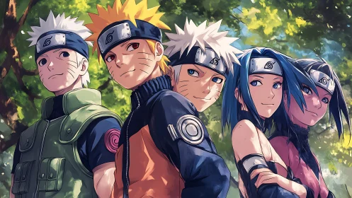 Anime team portrait aligns dynamic characters in forest light