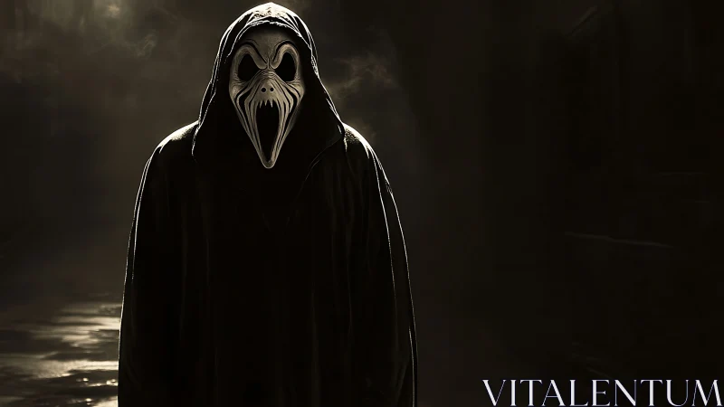 Hooded figure wearing screaming mask stands in dark alley