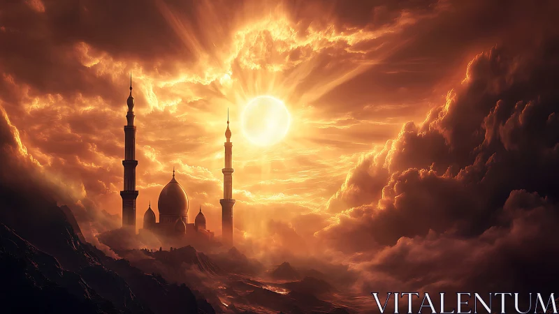 Mosque silhouette under dense clouds and central sun disc.