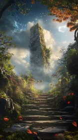 Ancient mossy tower rises over luminous forest path.