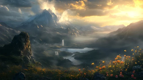 Mountain landscape shows valley, waterfalls and distant lake