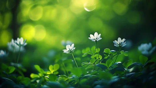 Wild white blossoms glow softly in dreamy forest light.