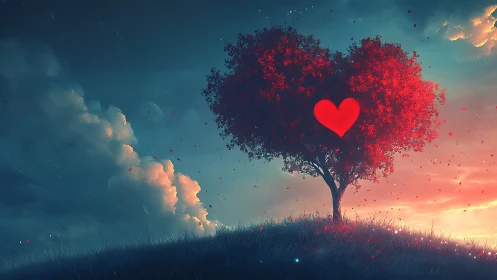 Luminous heart tree rendered with volumetric lighting and fractal foliage dissolution effects