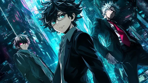 Cyberpunk anime trio in neon-lit skyscraper canyon at night