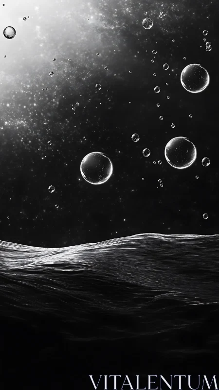 Glowing water surface and floating droplets in monochrome space.