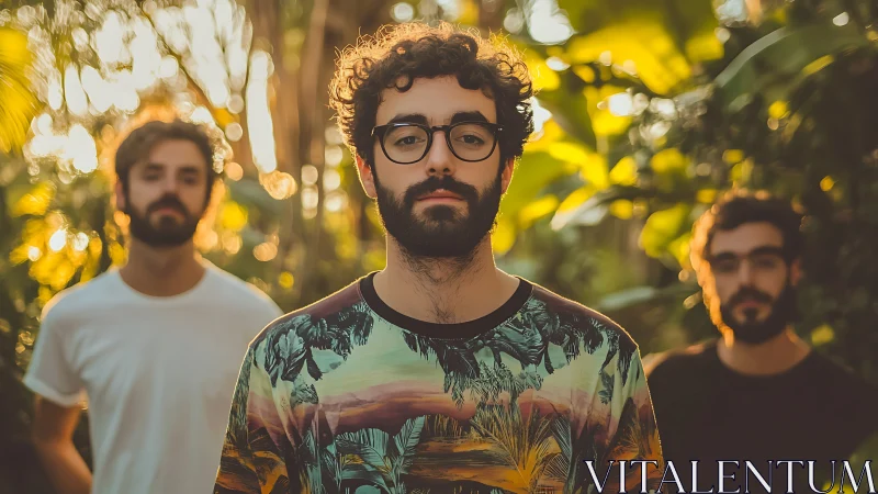 Three men stand in shallow depth of field tropical foliage scene