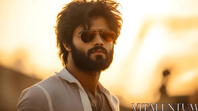 Bearded man in aviator sunglasses under warm sunset glow.