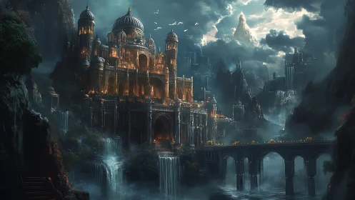 Stormlit mountain citadel where waterfalls guard the glow.