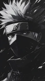 Monochrome masked ninja portrait in dramatic shadowed ink.