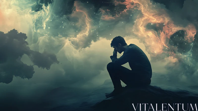 Man in silhouette sits thinking under swirling cosmic sky.