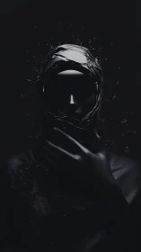 Liquid shadows cradle a silent faceless guardian in void