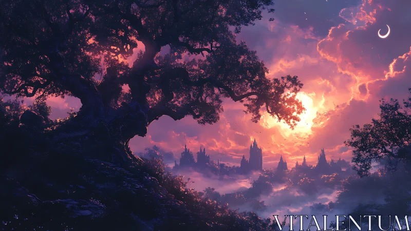 Backlit ancient tree silhouettes frame misty gothic skyline at dusk