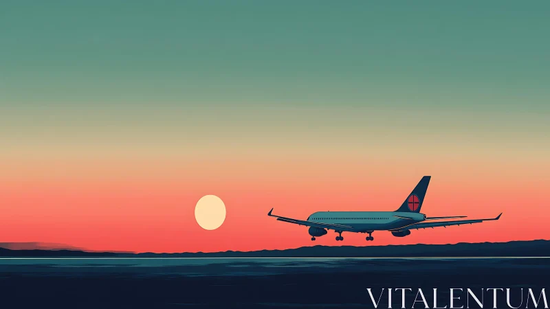 Soft sunset welcomes a quiet airplane gliding toward landing