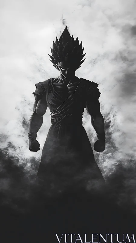 Silhouetted anime warrior figure in monochrome smoke field.