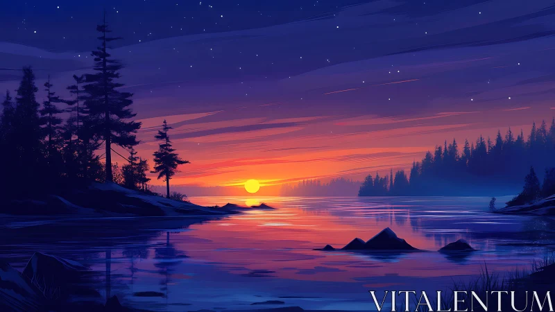 Calm digital lake sunset with silhouetted forest shore.