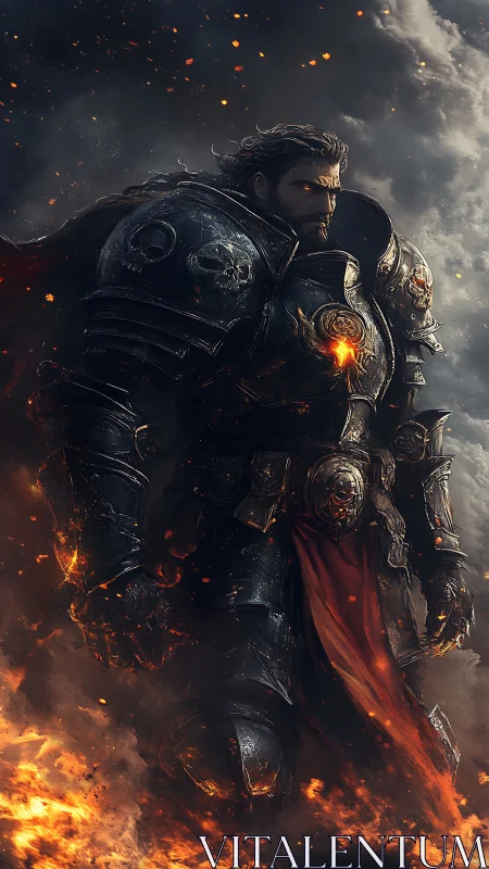 Armored warrior strides through fire under stormy sky.