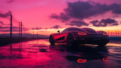 Sports car on wet road under vivid pink sunset sky.