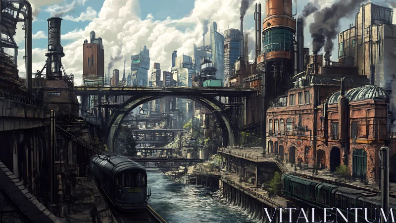 Dense industrial cityscape channels smoke above layered transit